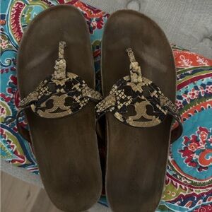 Tory Burch Tan and Black Snake-Print Miller Thong Sandals